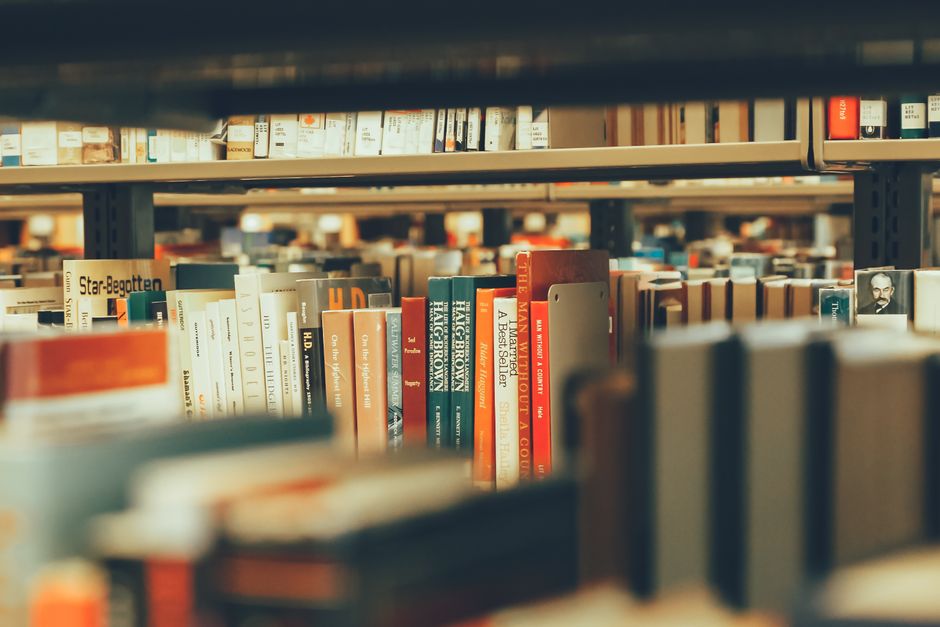 Bookshelves filled with diverse books capture a cozy library atmosphere indoors.