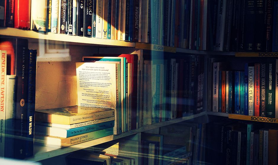 Bookshelves filled with diverse books capture a cozy library atmosphere indoors.