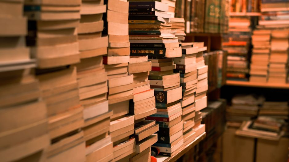 Wide view of numerous books neatly arranged at a book market, showcasing variety and abundance.